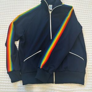 Vintage 70s Sears Put-On Shop Track Jacket Navy Blue Rainbow Stripe Sz Large